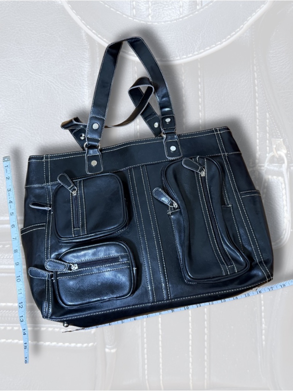 Black Multi-Pocket Faux Leather Tote with White Stitching - Picture 4 of 4